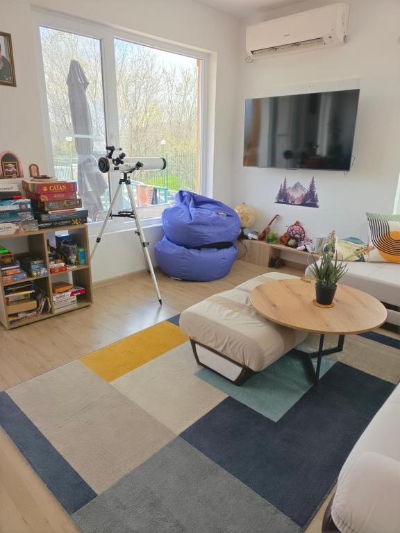 Board games and telescope in lounge