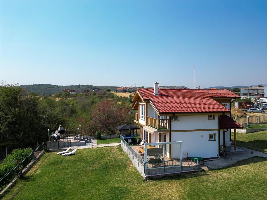Aerial view of villa and garden